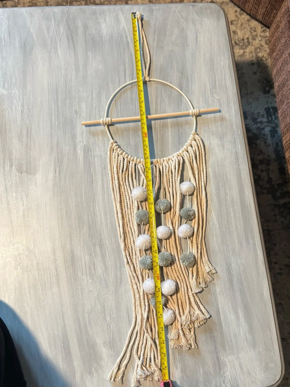 Boho Neutral Macramé Wall Hanging with White and Gray Pom Poms
